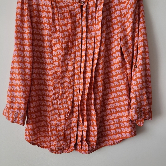 A.N.A. A New Approach Long Sleeve Blouse Orange + Pink Elephants Pleated Front - Picture 5 of 15